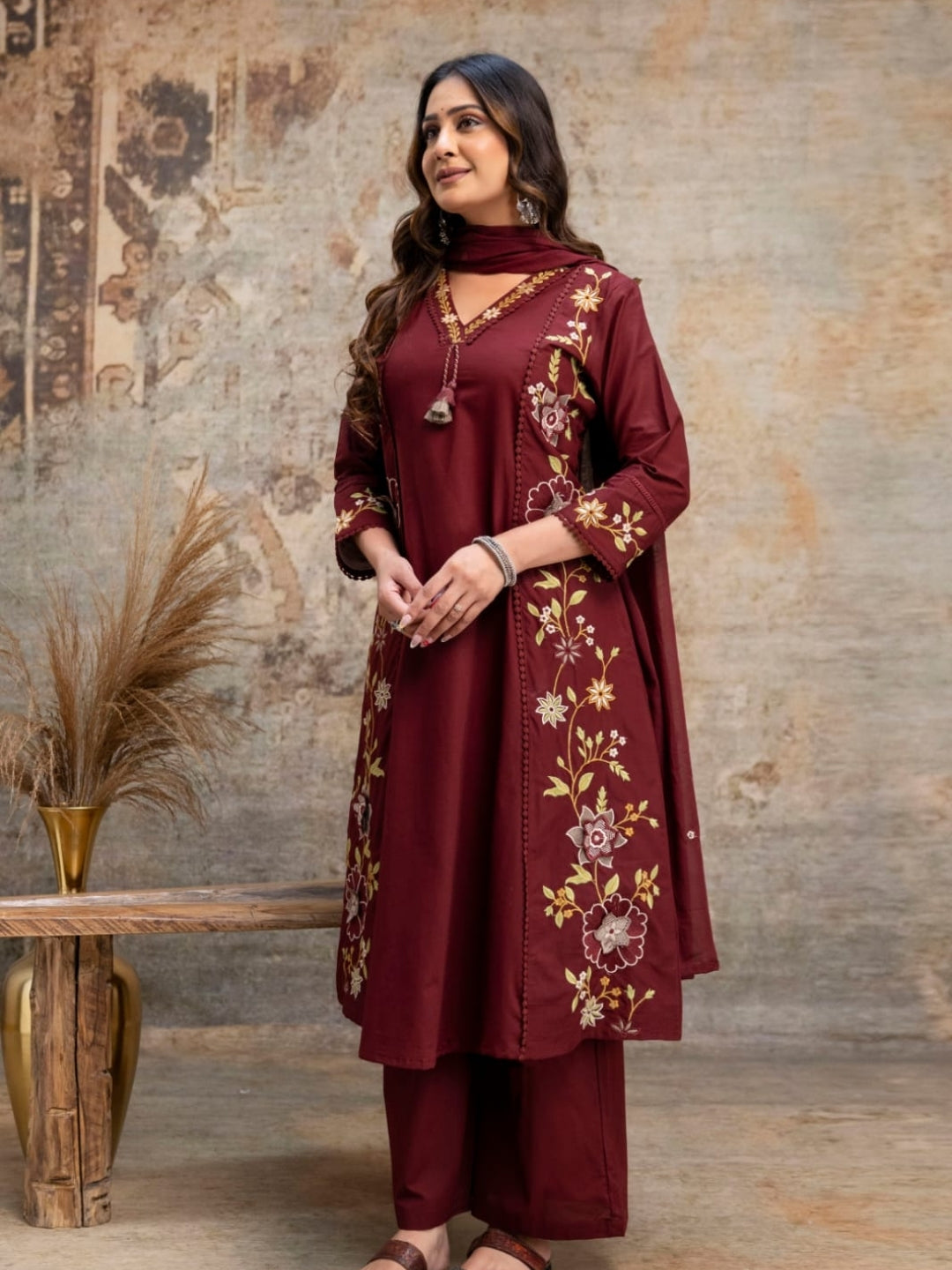 Maroon Floral Embroidered Cotton Kurta Palazzo Dupatta Set