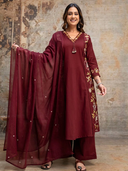 Maroon Floral Embroidered Cotton Kurta Palazzo Dupatta Set