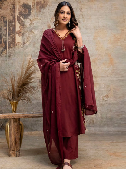 Maroon Floral Embroidered Cotton Kurta Palazzo Dupatta Set
