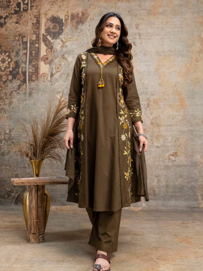 Olive Green Floral Embroidered Cotton Kurta Palazzo Dupatta Set