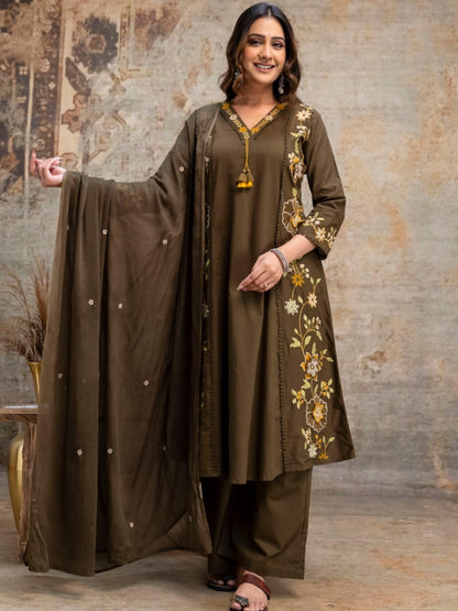 Olive Green Floral Embroidered Cotton Kurta Palazzo Dupatta Set