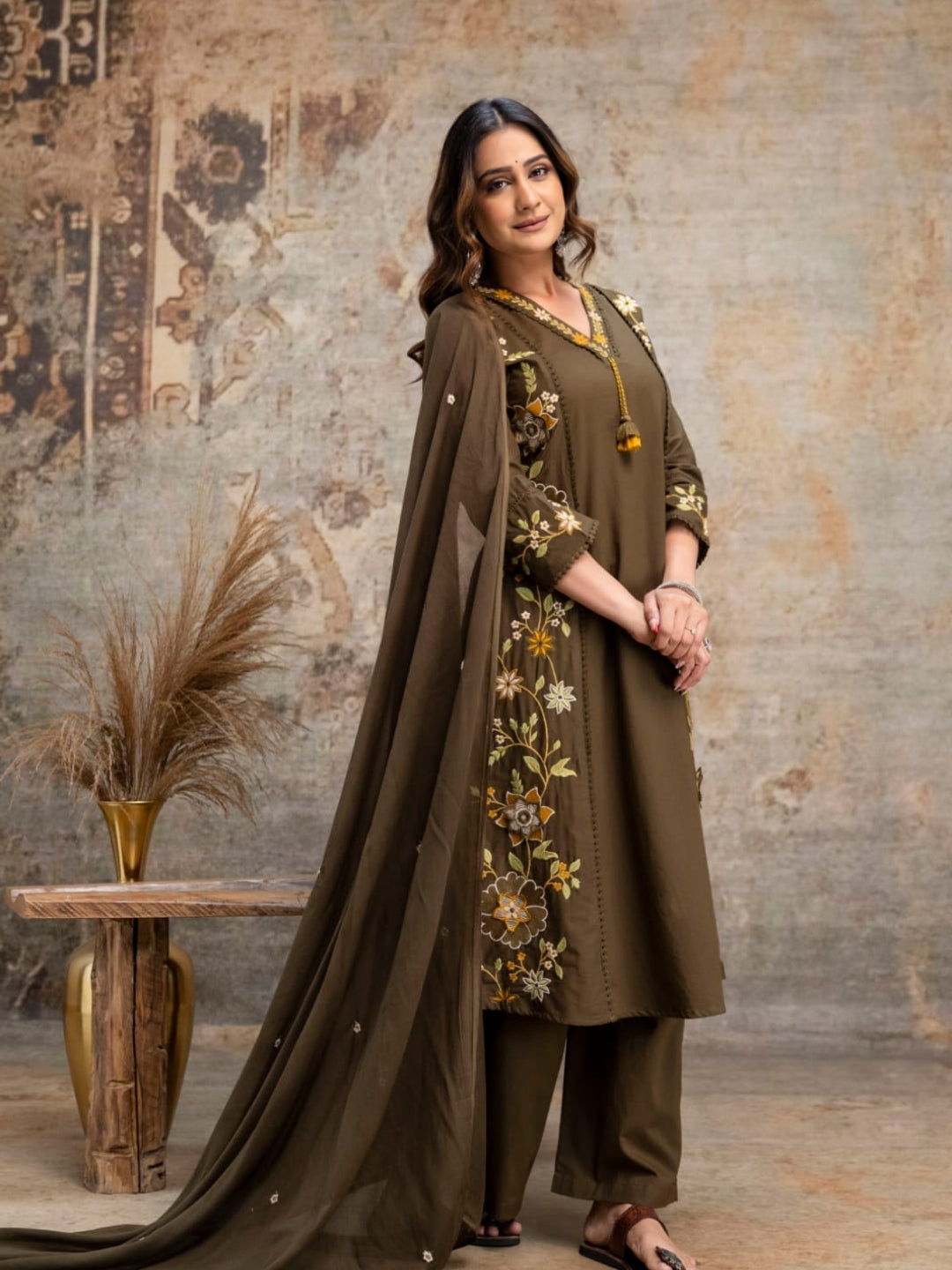 Olive Green Floral Embroidered Cotton Kurta Palazzo Dupatta Set