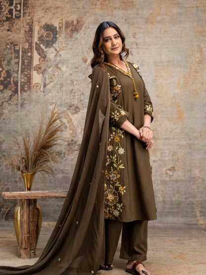 Olive Green Floral Embroidered Cotton Kurta Palazzo Dupatta Set