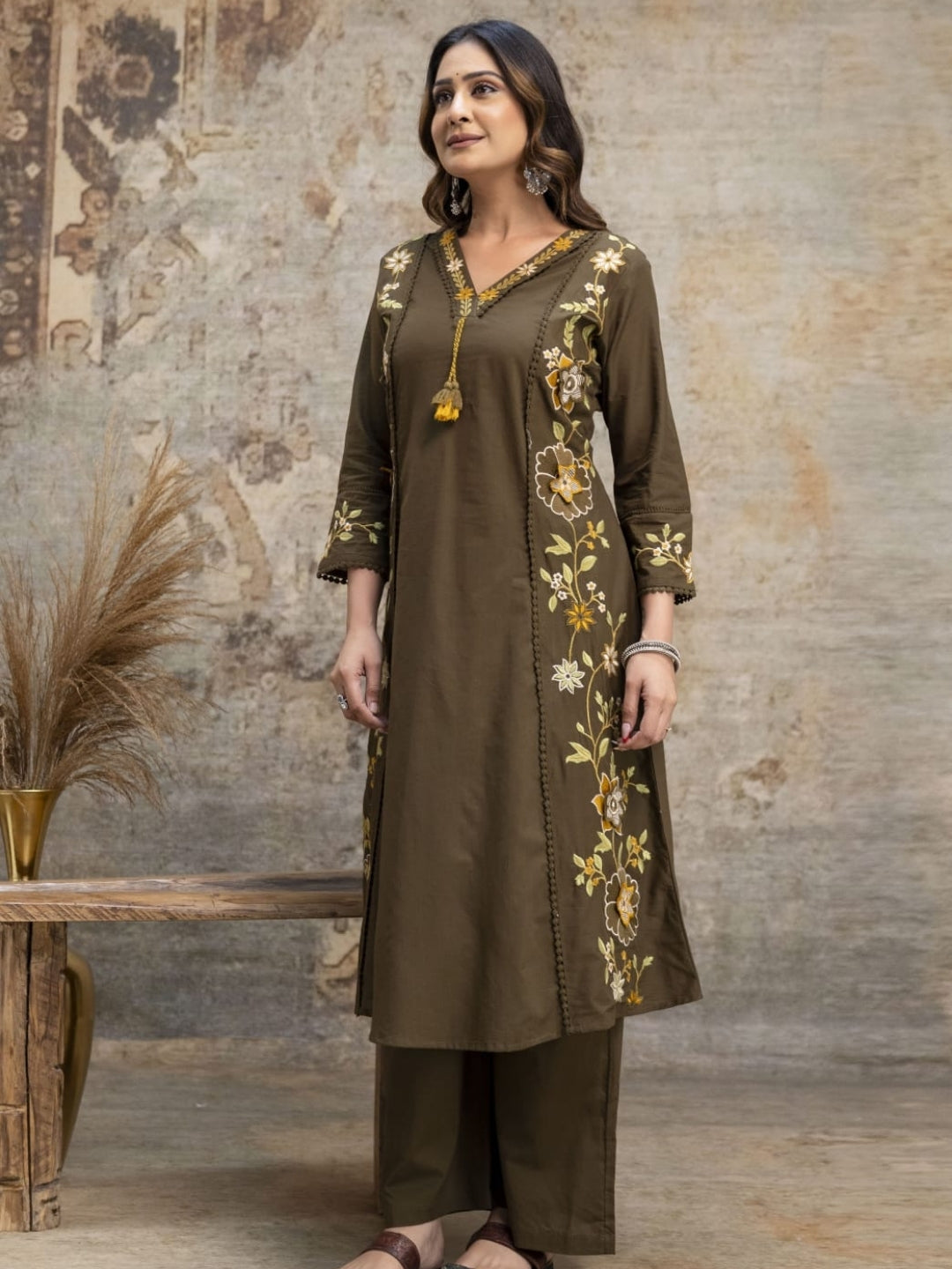 Olive Green Floral Embroidered Cotton Kurta Palazzo Dupatta Set