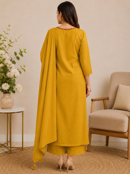 Mustard Yellow Mul Cotton Floral Embroidered Kurta Set with Dupatta