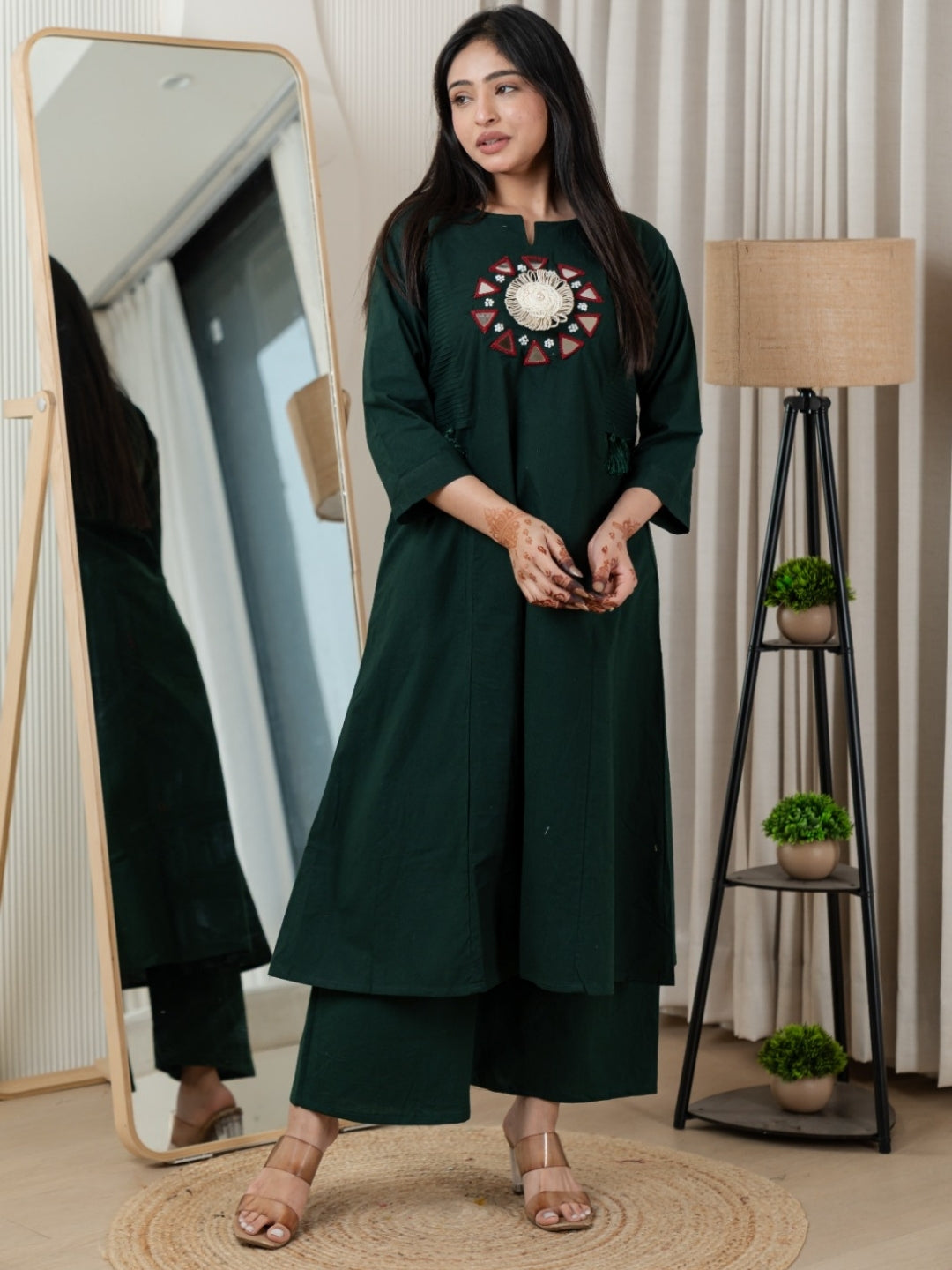 Bottle Green Dabu Cotton A-Line Kurta Set with Handcrafted Mirror Work Embroidery