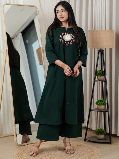 Bottle Green Dabu Cotton A-Line Kurta Set with Handcrafted Mirror Work Embroidery
