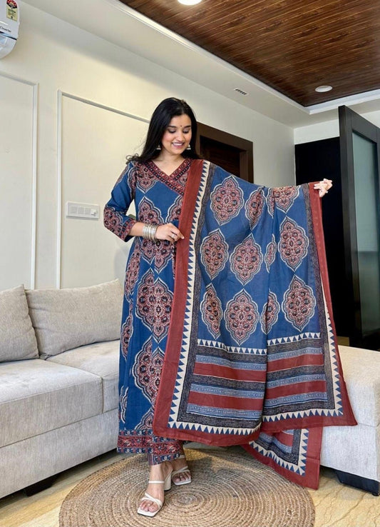 Navy Blue Cotton Anarkali Set with Traditional Block Print – Daily & Office Wear