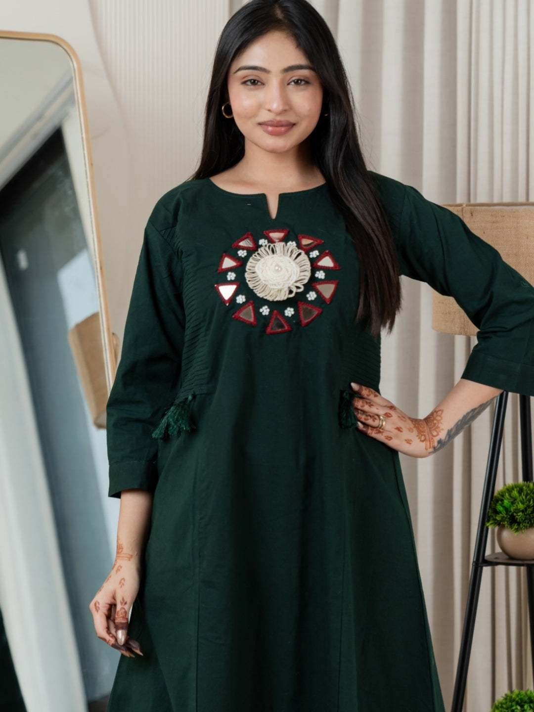 Bottle Green Dabu Cotton A-Line Kurta Set with Handcrafted Mirror Work Embroidery