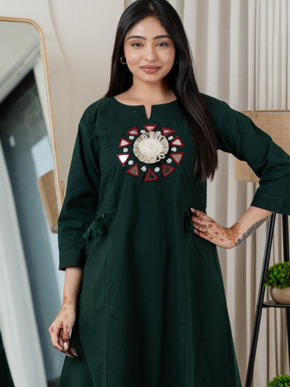 Bottle Green Dabu Cotton A-Line Kurta Set with Handcrafted Mirror Work Embroidery