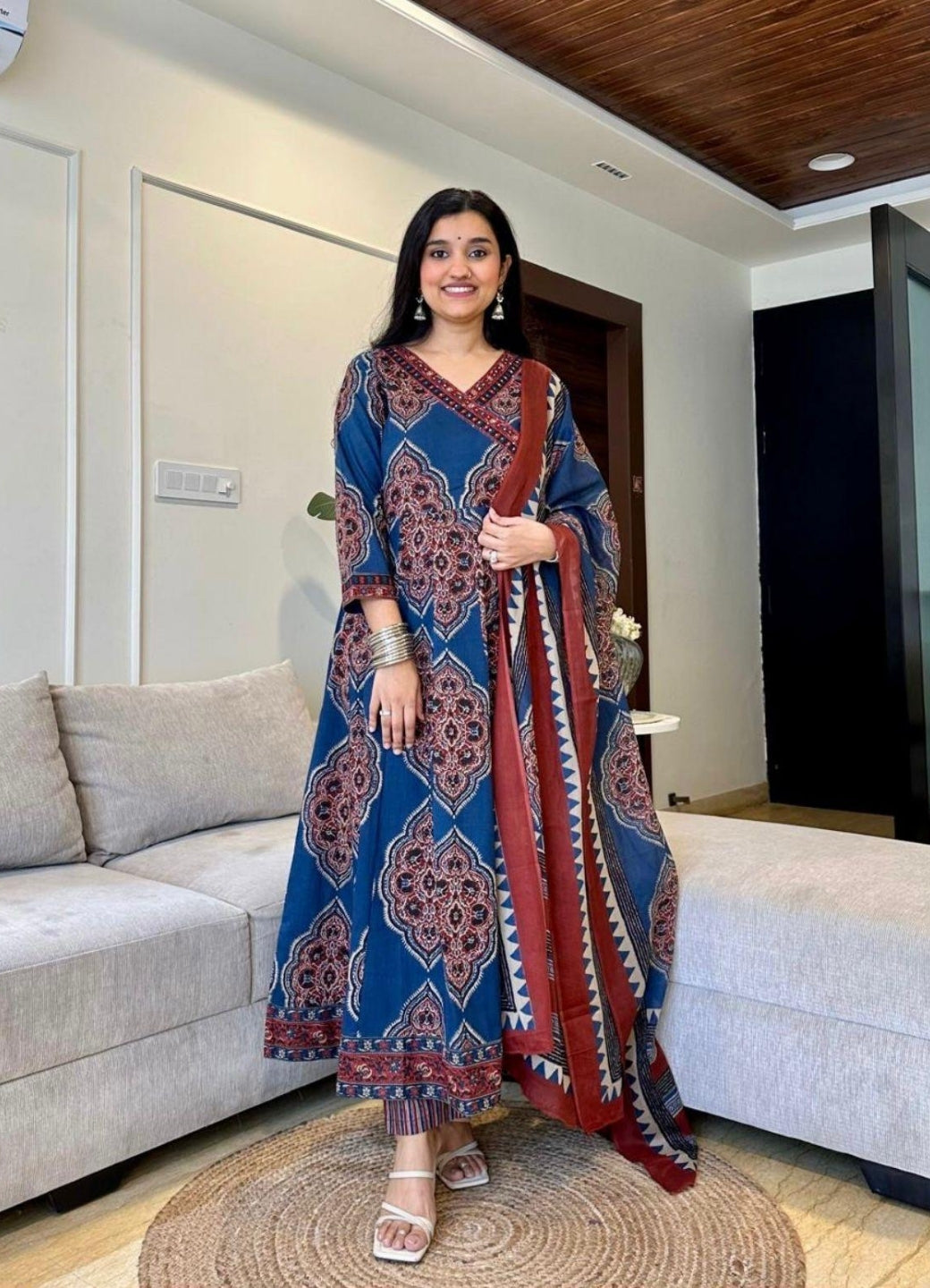 Navy Blue Cotton Anarkali Set with Traditional Block Print – Daily & Office Wear