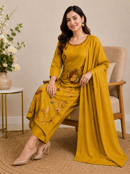 Mustard Yellow Mul Cotton Floral Embroidered Kurta Set with Dupatta
