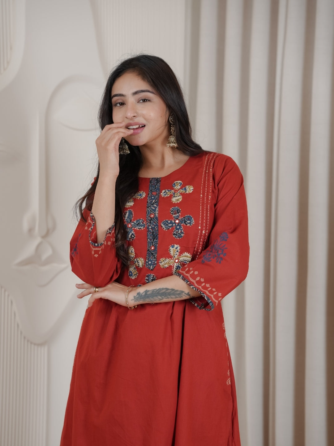 Brick Red Dhabu Cotton A-Line Kurta Set with Applique Handwork