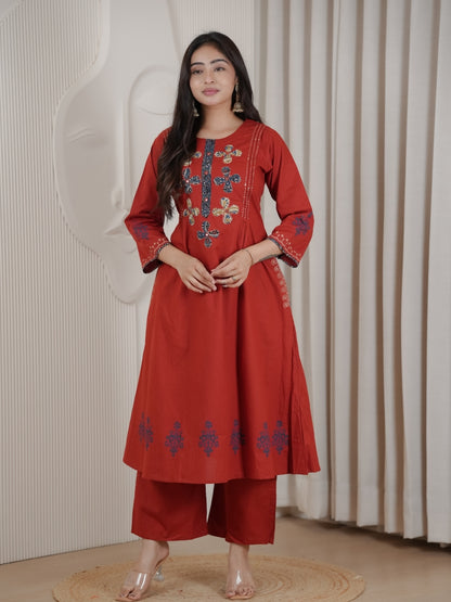 Brick Red Dhabu Cotton A-Line Kurta Set with Applique Handwork