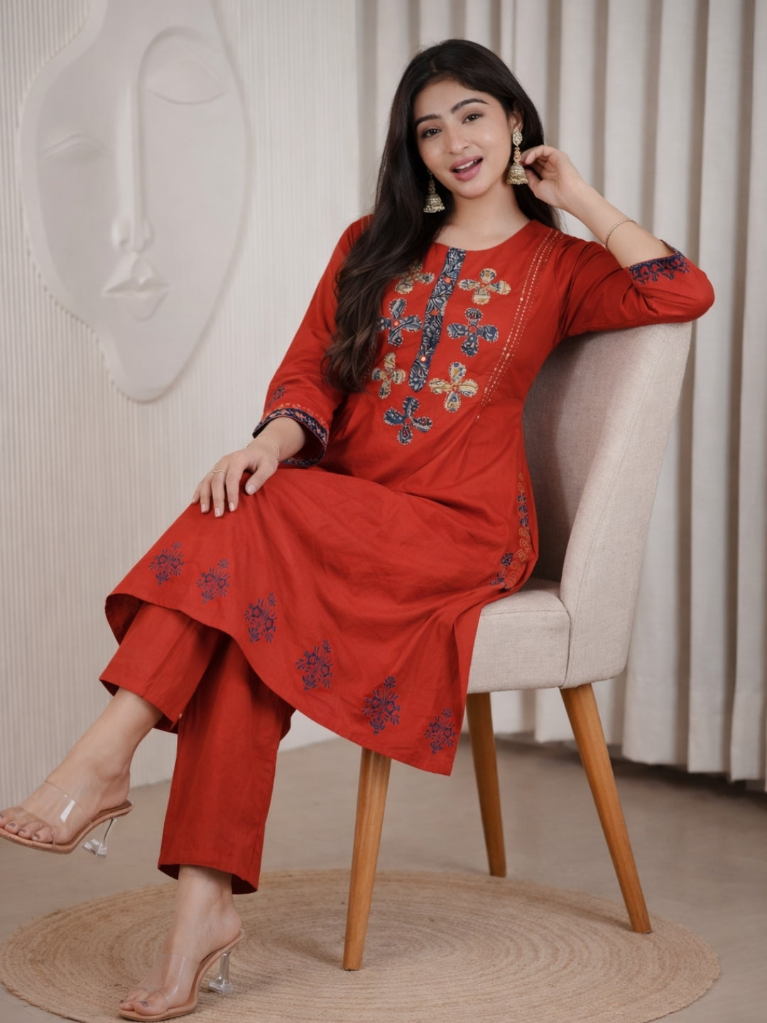 Brick Red Dhabu Cotton A-Line Kurta Set with Applique Handwork