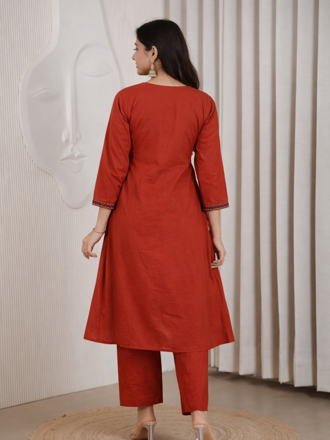 Brick Red Dhabu Cotton A-Line Kurta Set with Applique Handwork