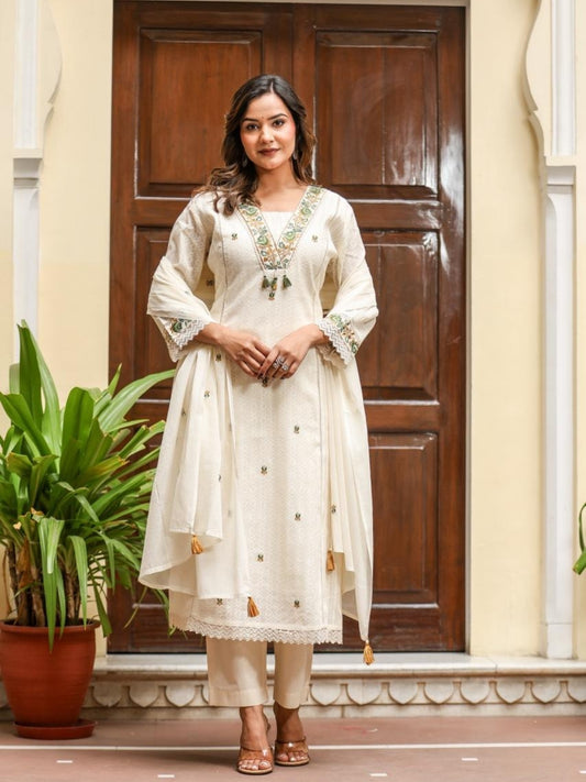 Off White Cotton Kurta Set with Green Embroidery and Dupatta – Ethnic Wear