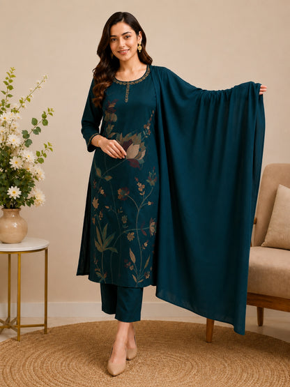 Teal Green Mul Cotton Floral Embroidered Kurta Set with Dupatta