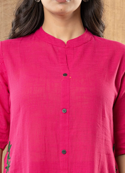 Magenta Cotton Slub Kurta Set with Grey Floral Embroidery