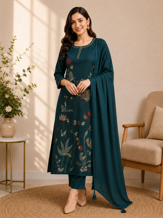 Teal Green Mul Cotton Floral Embroidered Kurta Set with Dupatta