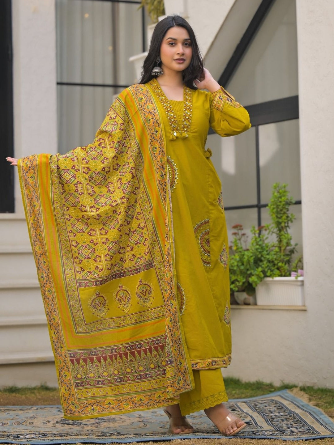 Mustard Yellow Pure Cotton A-Line Kurta Set with Applique Work and Mirror Embroidery