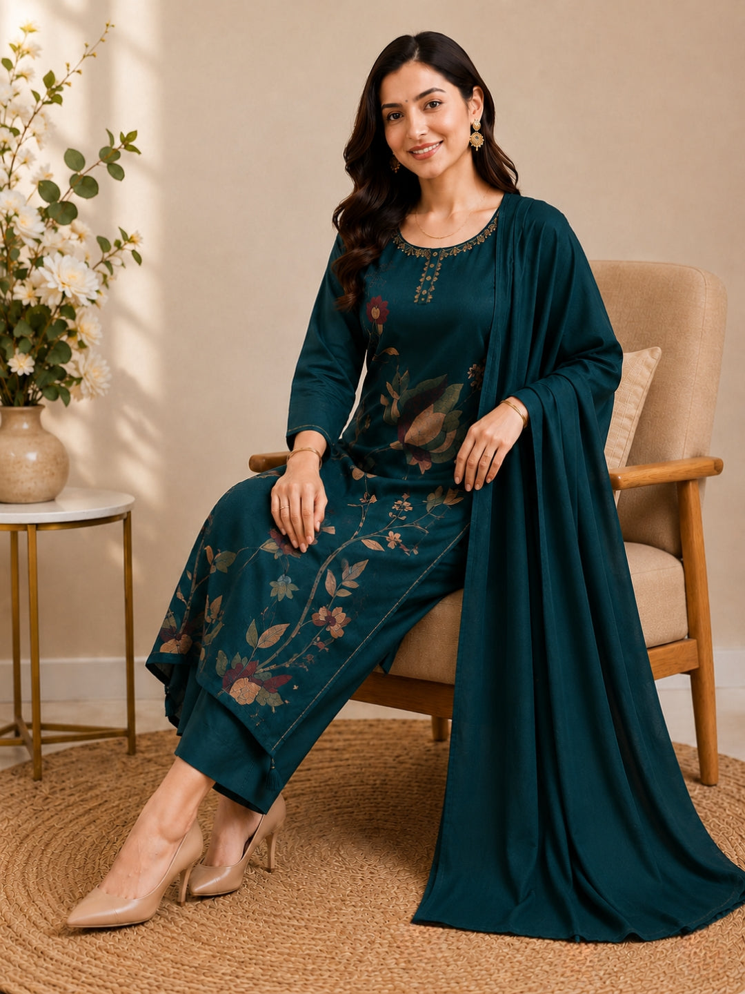 Teal Green Mul Cotton Floral Embroidered Kurta Set with Dupatta