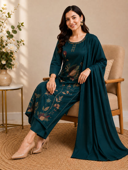 Teal Green Mul Cotton Floral Embroidered Kurta Set with Dupatta