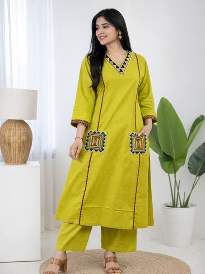 Lime Green Dabu Cotton A-Line Kurta Set with Embroidered Pockets