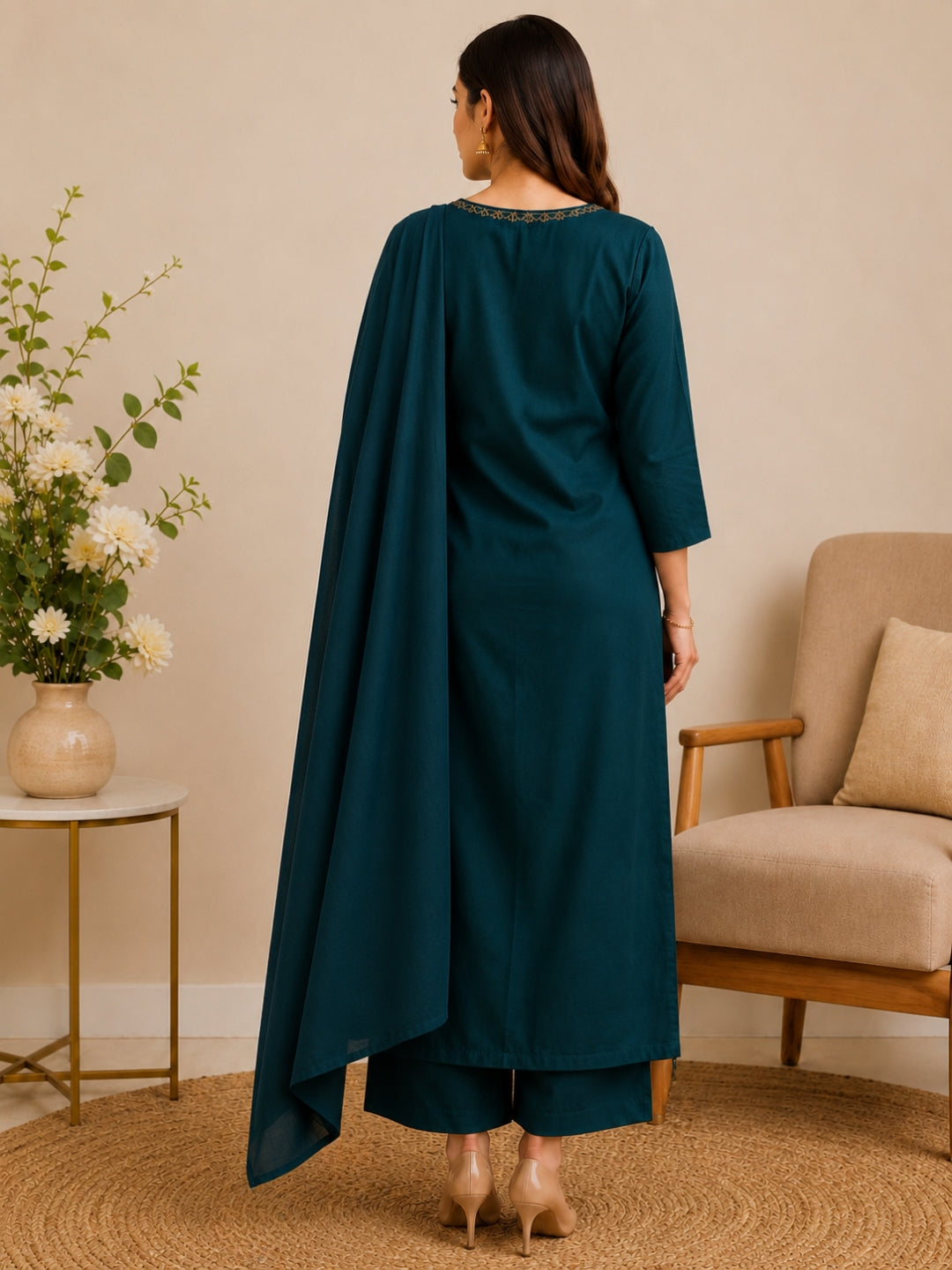 Teal Green Mul Cotton Floral Embroidered Kurta Set with Dupatta