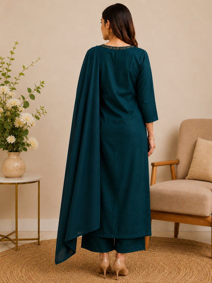 Teal Green Mul Cotton Floral Embroidered Kurta Set with Dupatta