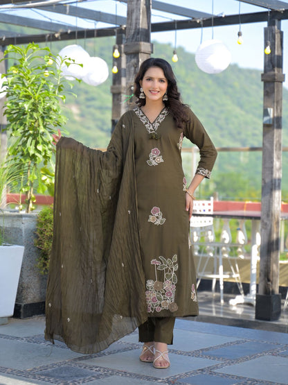 Army Green Premium Cotton Embroidered Straight Suit Set – Festive Wear