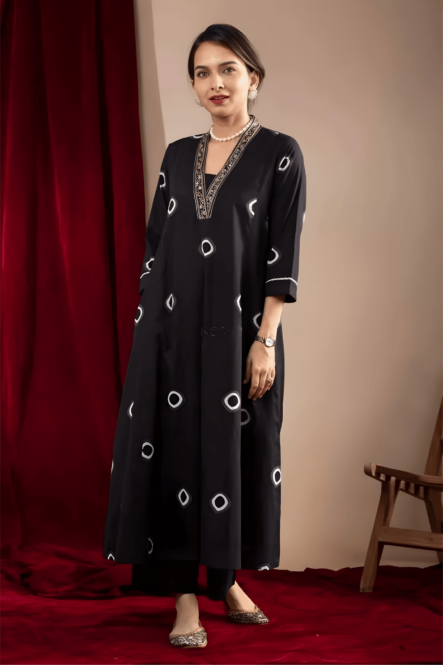 Black Muslin Co-ord Set with Abstract Circle Print & Embroidered Neck