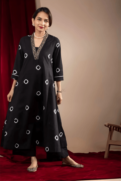 Black Muslin Co-ord Set with Abstract Circle Print & Embroidered Neck