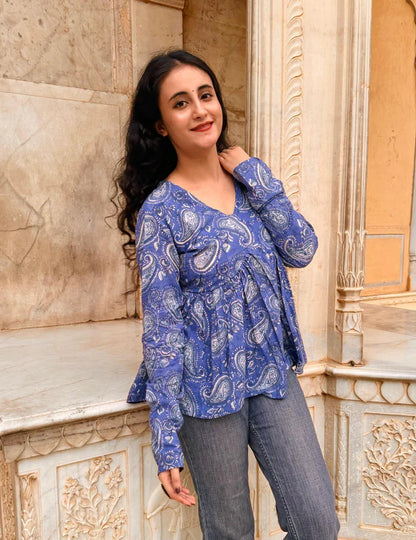 Blue Soft Cotton Paisley Print Top – Effortless Everyday Charm