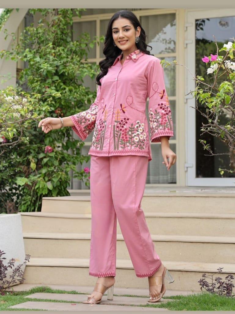 Blush Pink Cotton Co-Ord Set with Heavy Floral Embroidery
