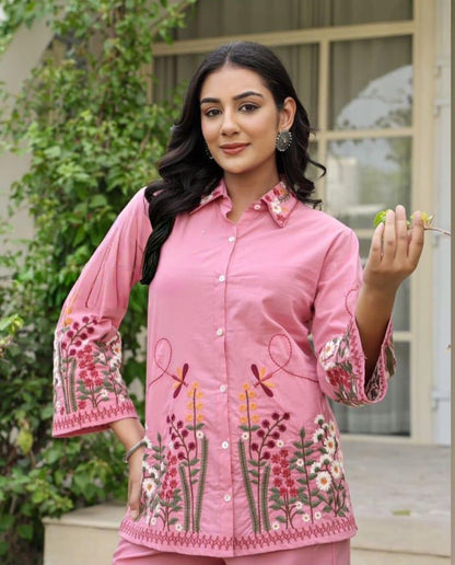 Blush Pink Cotton Co-Ord Set with Heavy Floral Embroidery