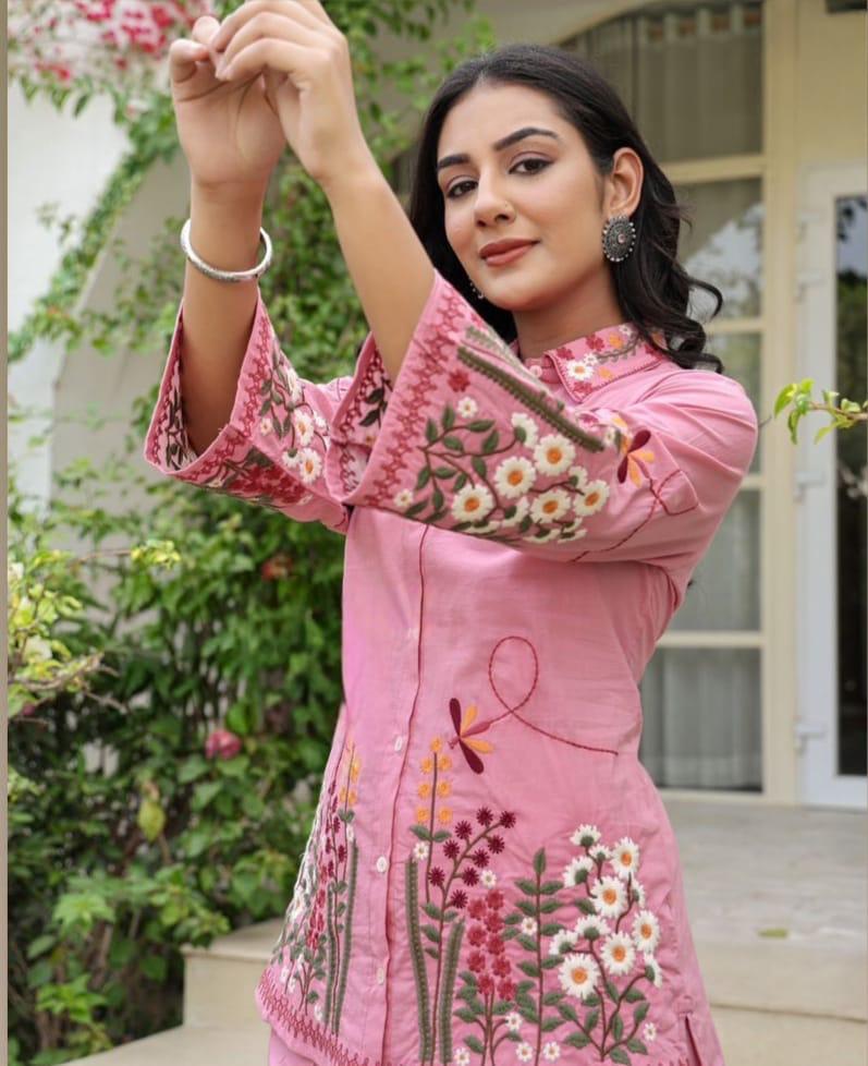 Blush Pink Cotton Co-Ord Set with Heavy Floral Embroidery