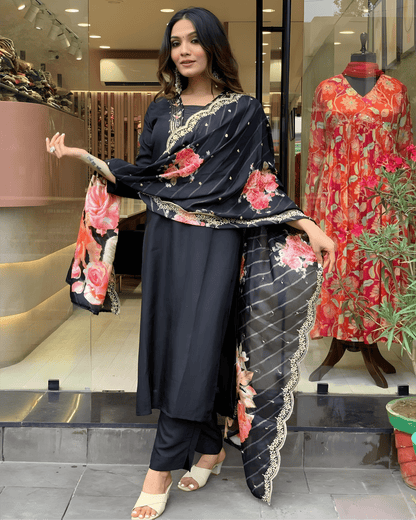Black Premium Muslin Suit Set with Intricate Embroidery