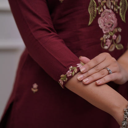 Elegant Maroon Cotton Kurta Set with Intricate Floral Embroidery & Dupatta