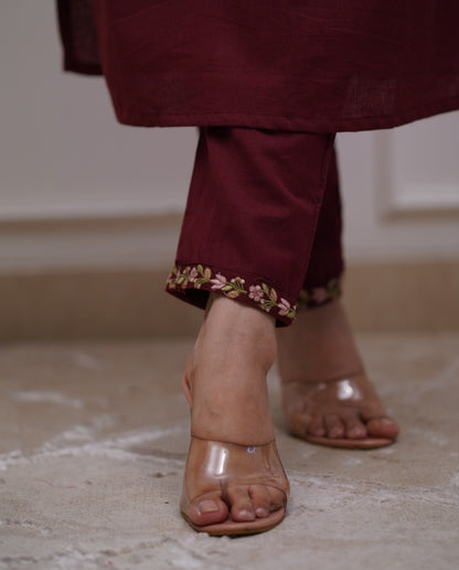 Elegant Maroon Cotton Kurta Set with Intricate Floral Embroidery & Dupatta