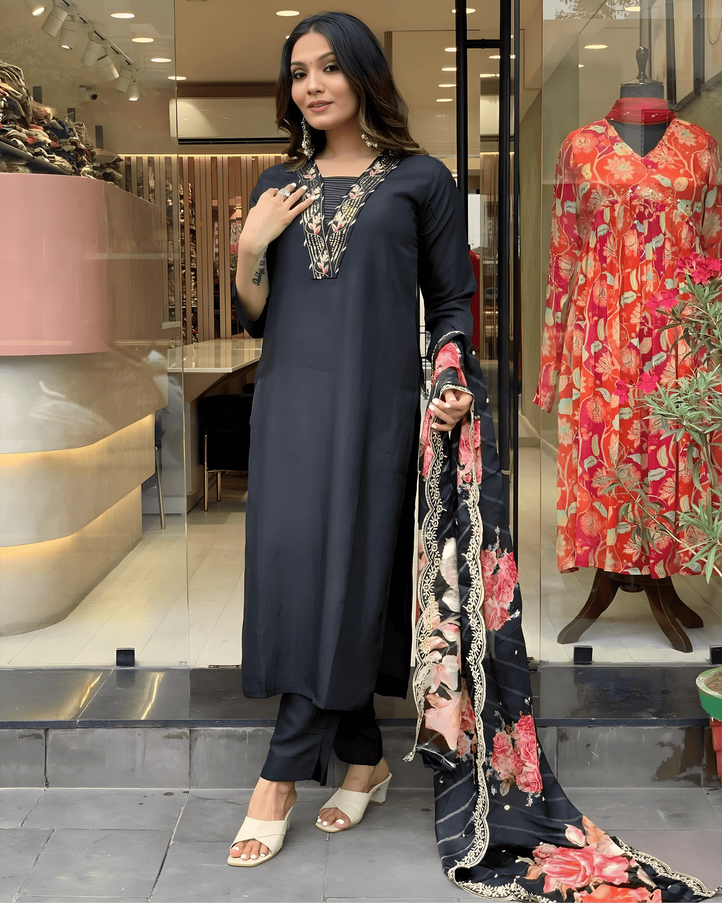 Black Premium Muslin Suit Set with Intricate Embroidery