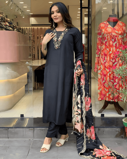 Black Premium Muslin Suit Set with Intricate Embroidery