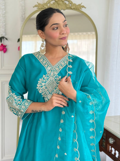 Festive Firozi Roman Silk Divider Suit with Heavy Zari Work & Cotton Lining