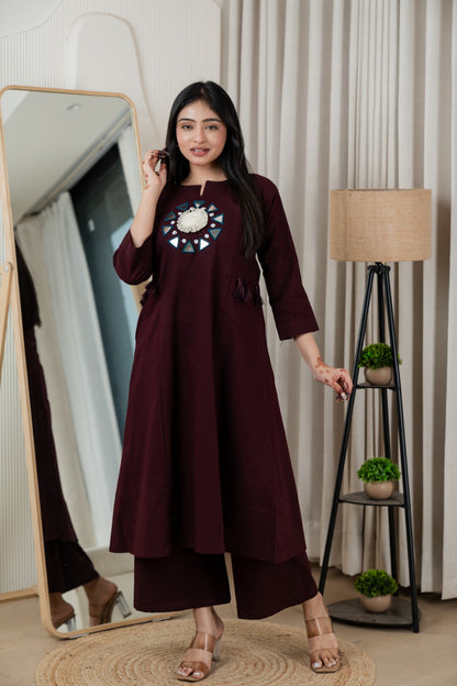 Wine Dabu Cotton A-Line Kurta Set with Handcrafted Mirror Work Embroidery