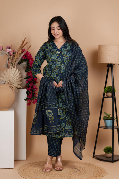 Indigo Jaipuri Cotton A-Line Suit Set – Daily & Office Wear