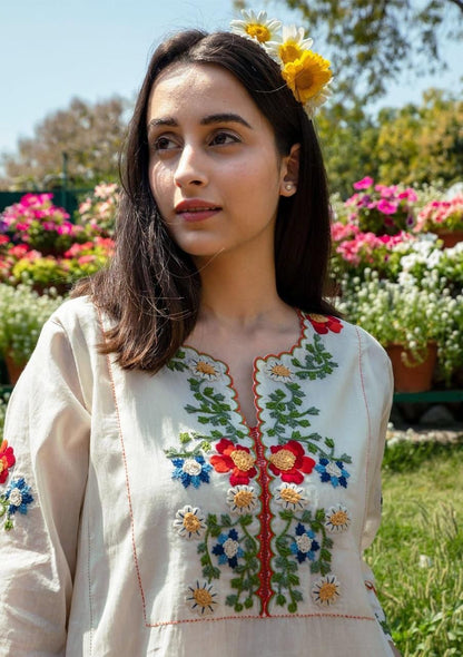 Ivory Cotton Embroidered Kurta with Straight Pants