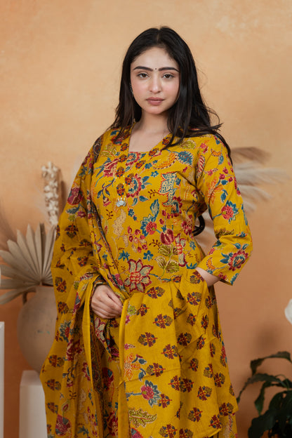 Mustard Yellow Premium Jaipuri Cotton 3-Piece Suit Set