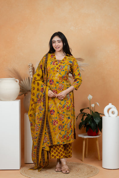 Mustard Yellow Premium Jaipuri Cotton 3-Piece Suit Set