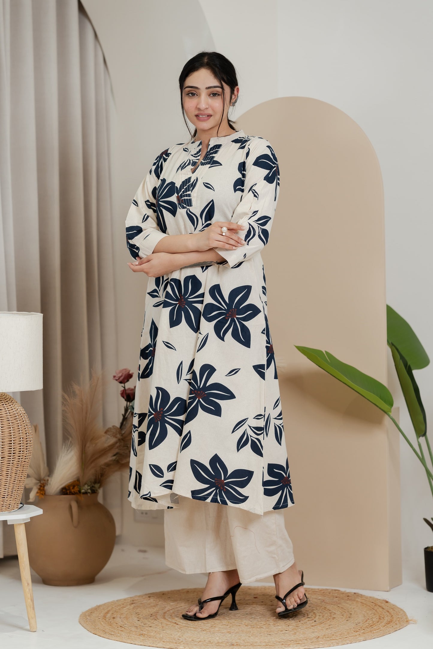 Premium Khadi Flex Kurta Set - Beige with Navy Blue