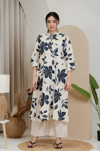 Premium Khadi Flex Kurta Set - Beige with Navy Blue